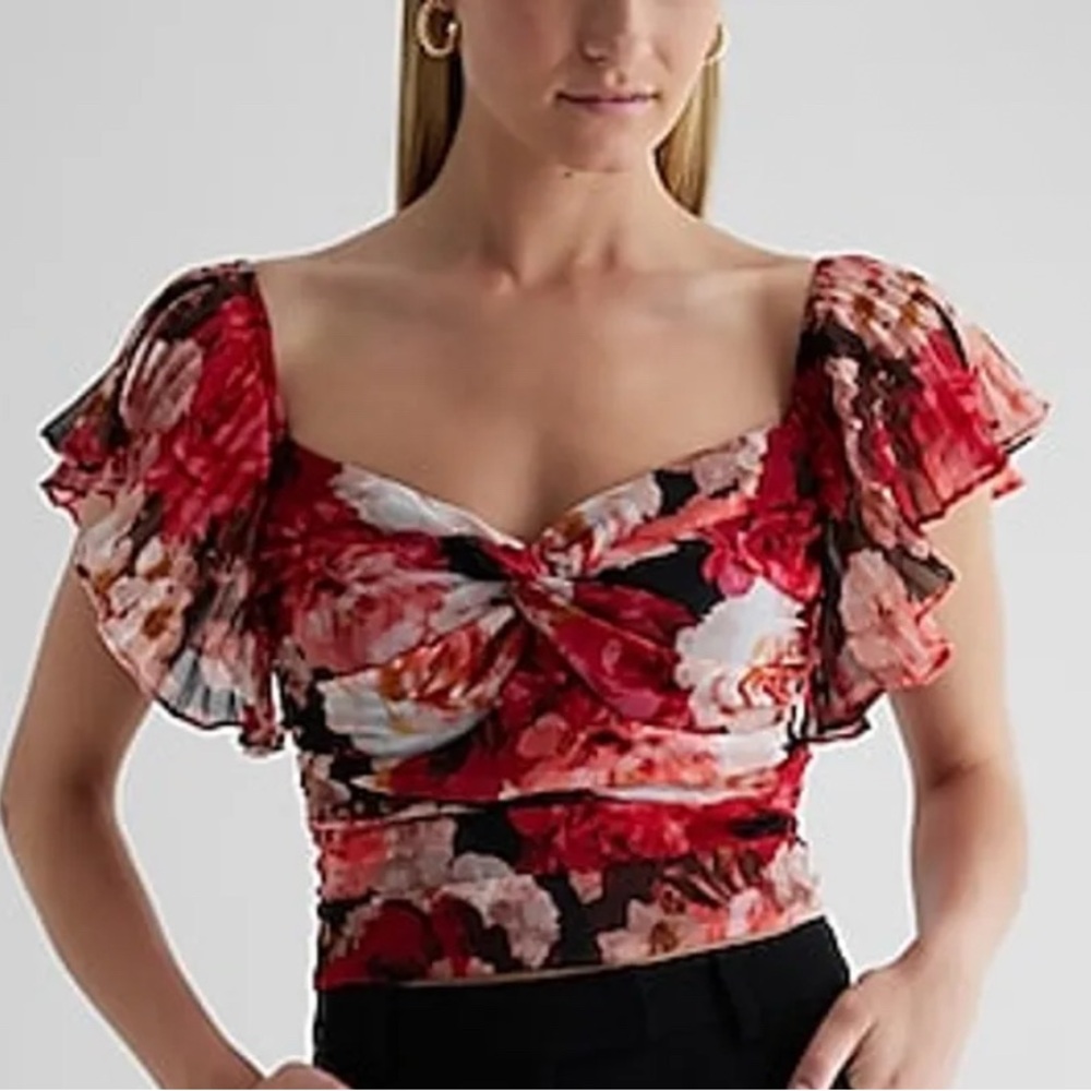 Express Pink and Red Ruched Ruffled Blouse